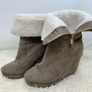 Juicy Couture Taupe Wedge Boots with Faux Fur